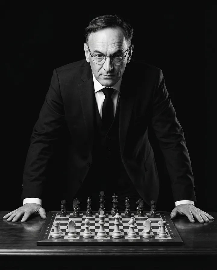 Portrait d'Eric Rocheblave, avocat, penché sur un échiquier